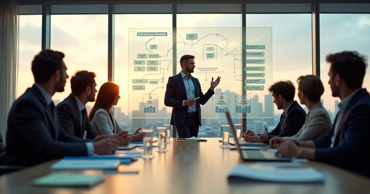 Líder sereno gestionando emociones ante un cambio organizacional en una sala de reuniones moderna 