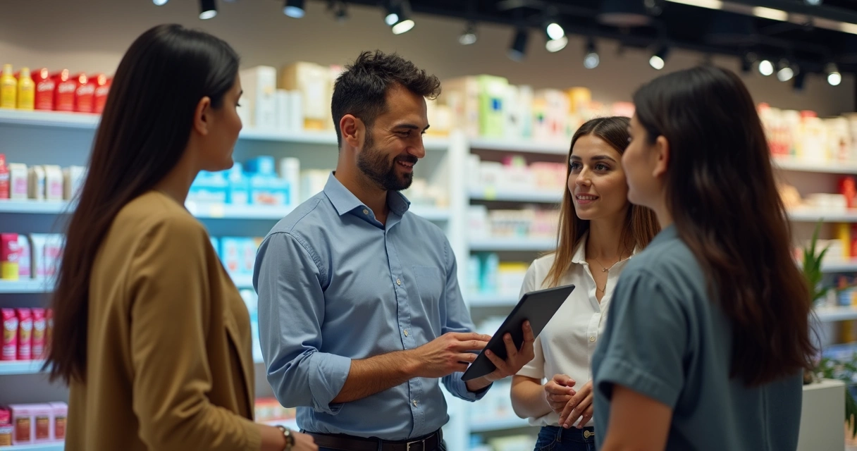 Gestor orientando equipe de vendas em loja física moderna 