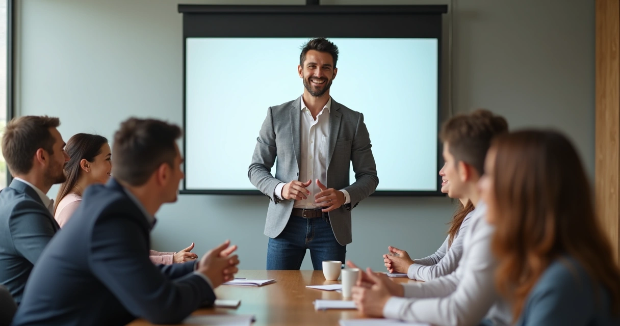 Líder sorridente no centro de uma equipe reunida em sala de reuniões
