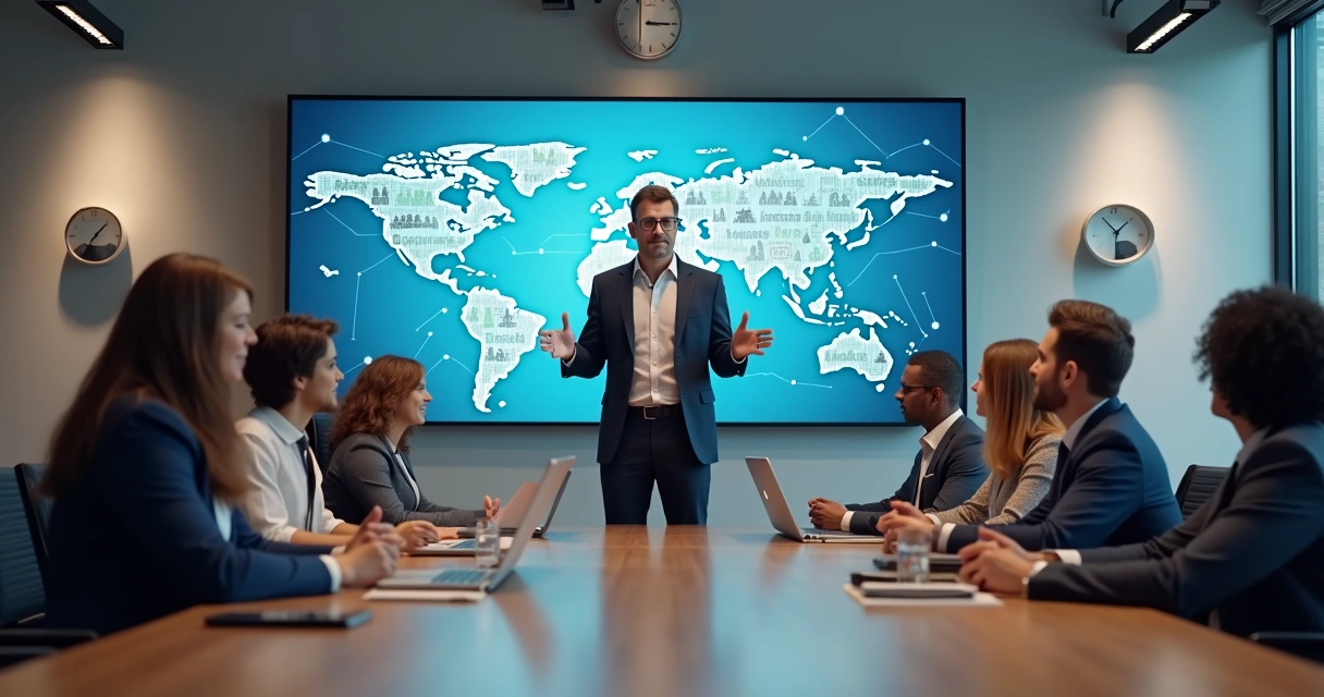 Líder global falando para equipe internacional