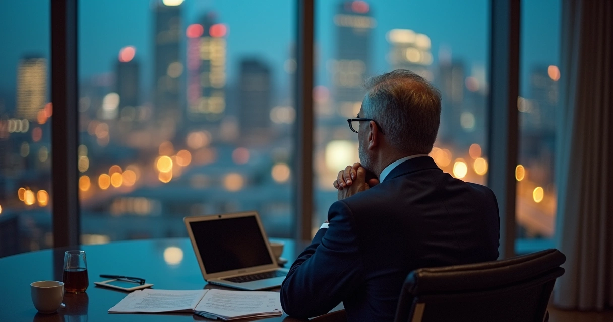 Líder sentado sozinho refletindo em um escritório moderno