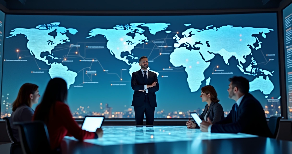 Líder mundial diante de monitores com mapas globais, conectando equipes empresariais de diferentes países 