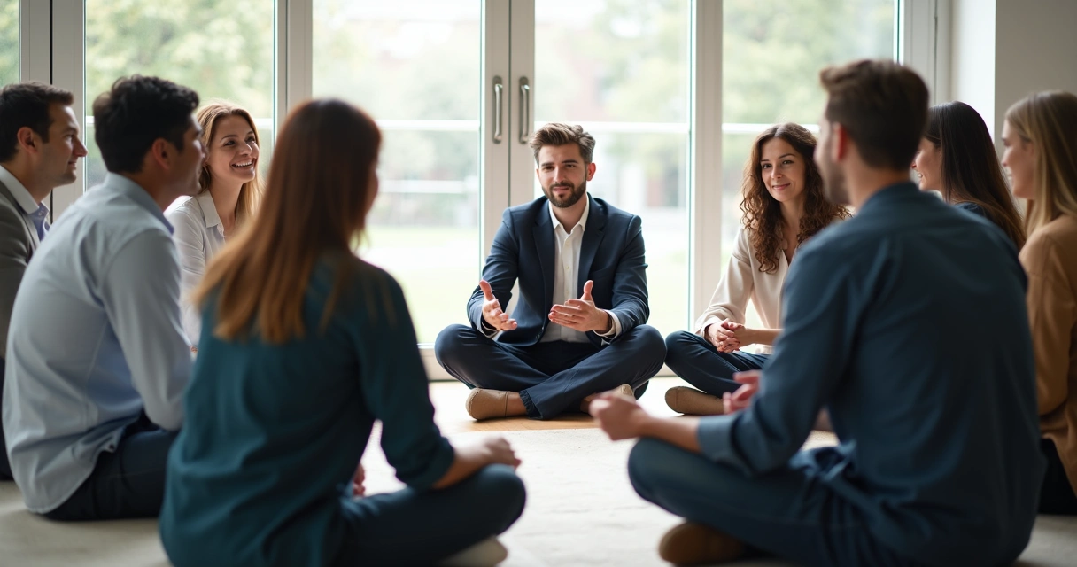 Líder global sentado em círculo com equipe diversa em momento de partilha pessoal 