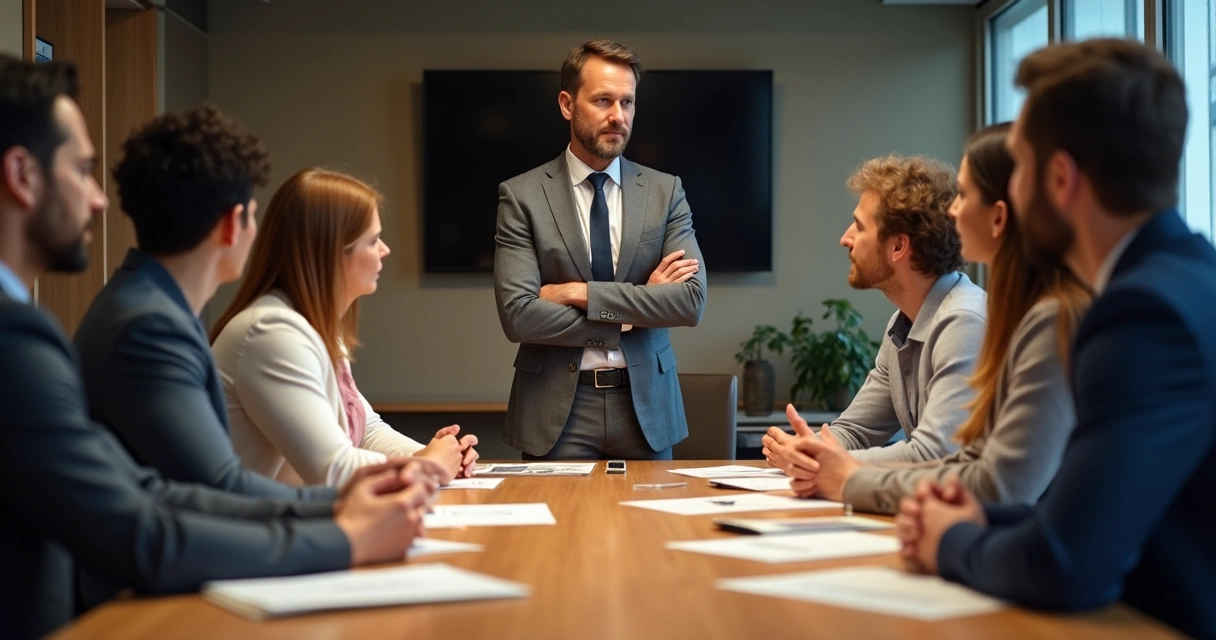 Persona liderando una reunión grupal, equipo atento alrededor de mesa de madera 