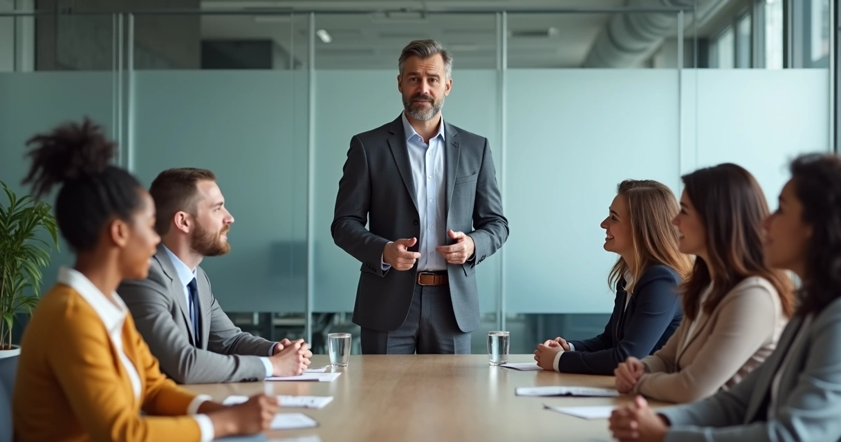 Líder hablando con su equipo en una sala de reuniones
