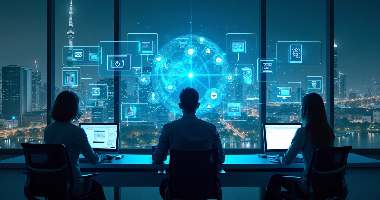 Líder em sala moderna com computadores, celulares e telas digitais simultâneas