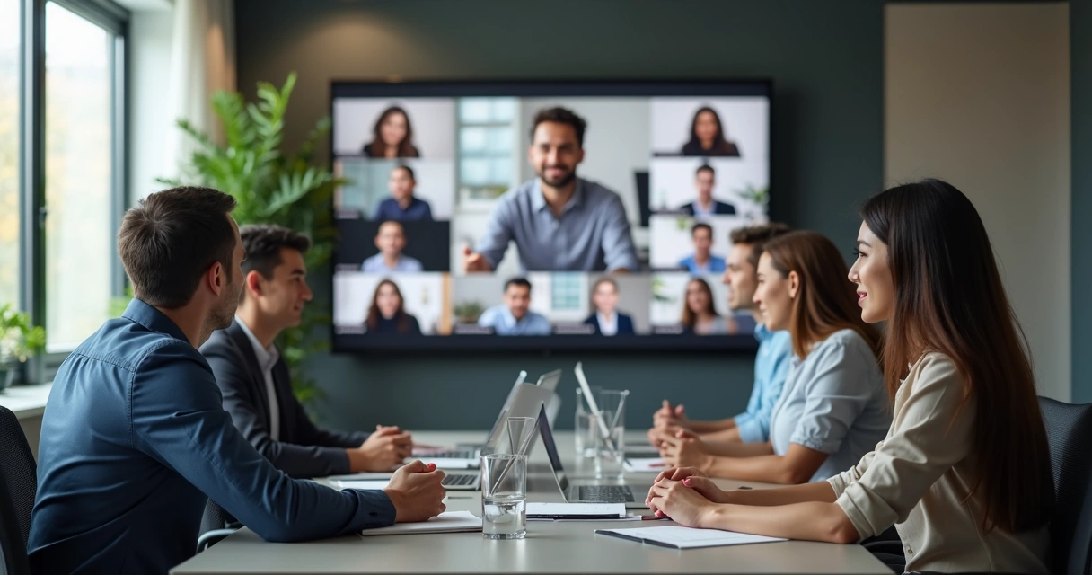 Líder ouvindo ativamente equipe híbrida em sala e videoconferência 