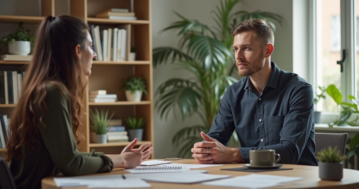 Supervisor escutando colaborador individualmente em ambiente corporativo 