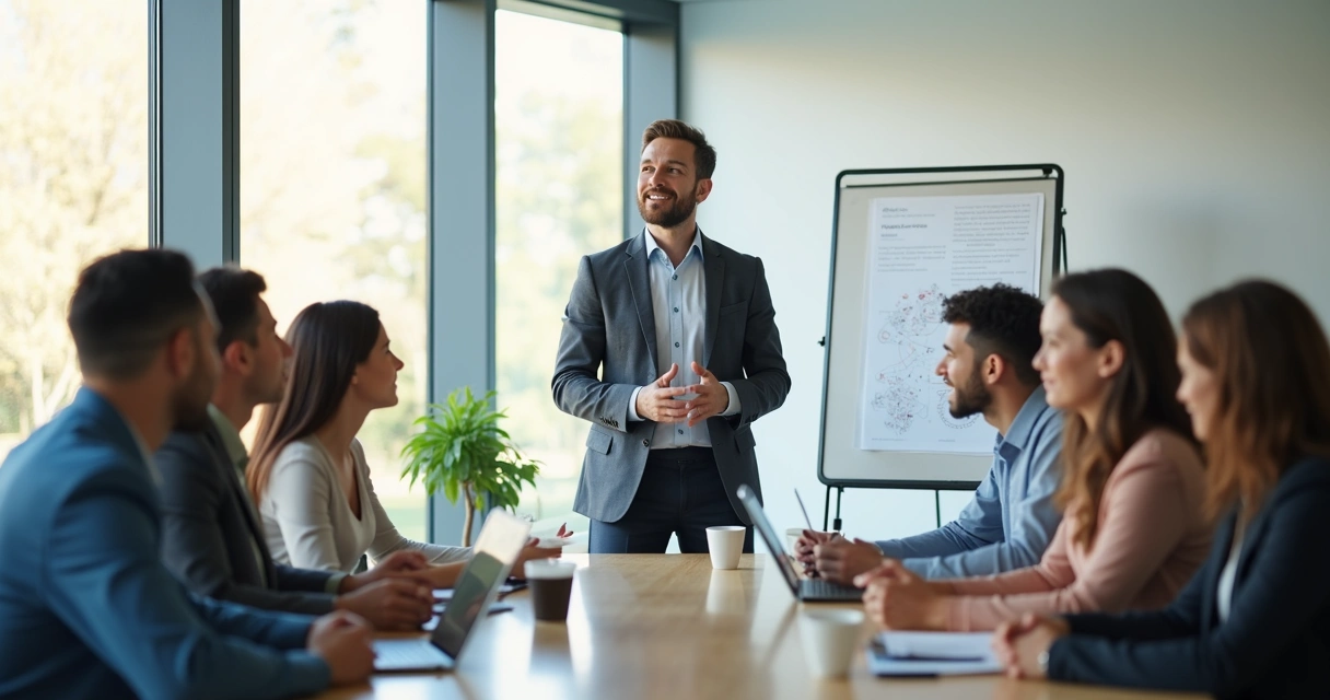 Líder em pé diante de uma equipe em reunião 