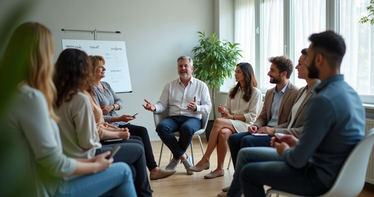 Líder sentado ao nível da equipe em reunião de feedback honesto 