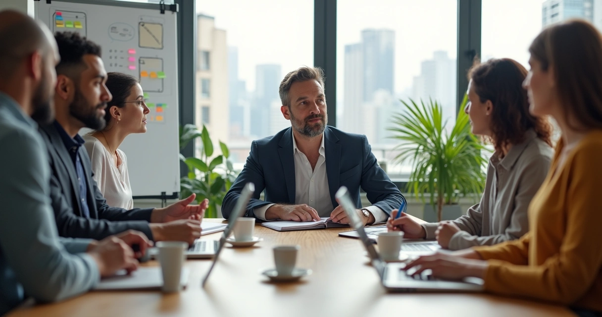 Líder ouvindo equipe em reunião informal de trabalho 