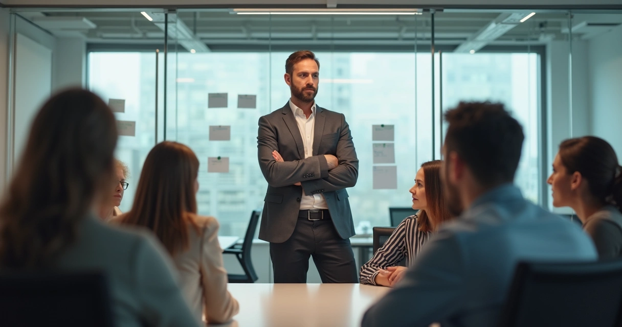 Líder observando reunião do time, buscando sinais sutis de conflitos internos 