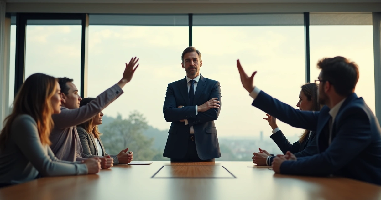 Líder em terno ignorando time reunido à mesa 