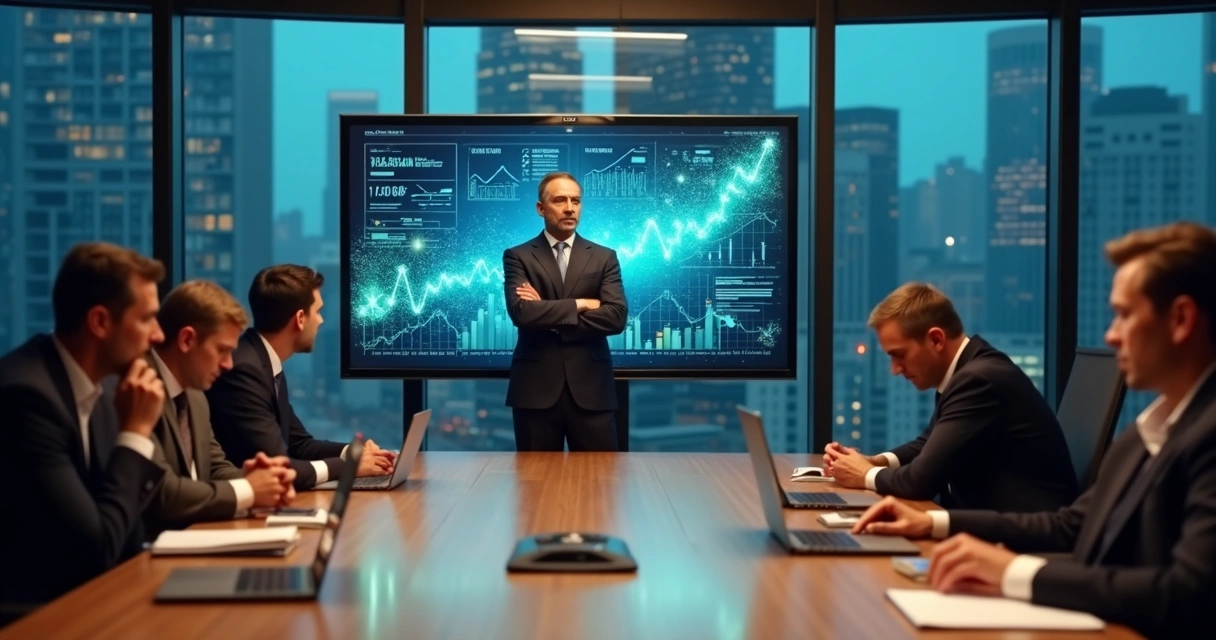 Líder em reunião olhando para gráficos enquanto ignora a equipe em segundo plano 