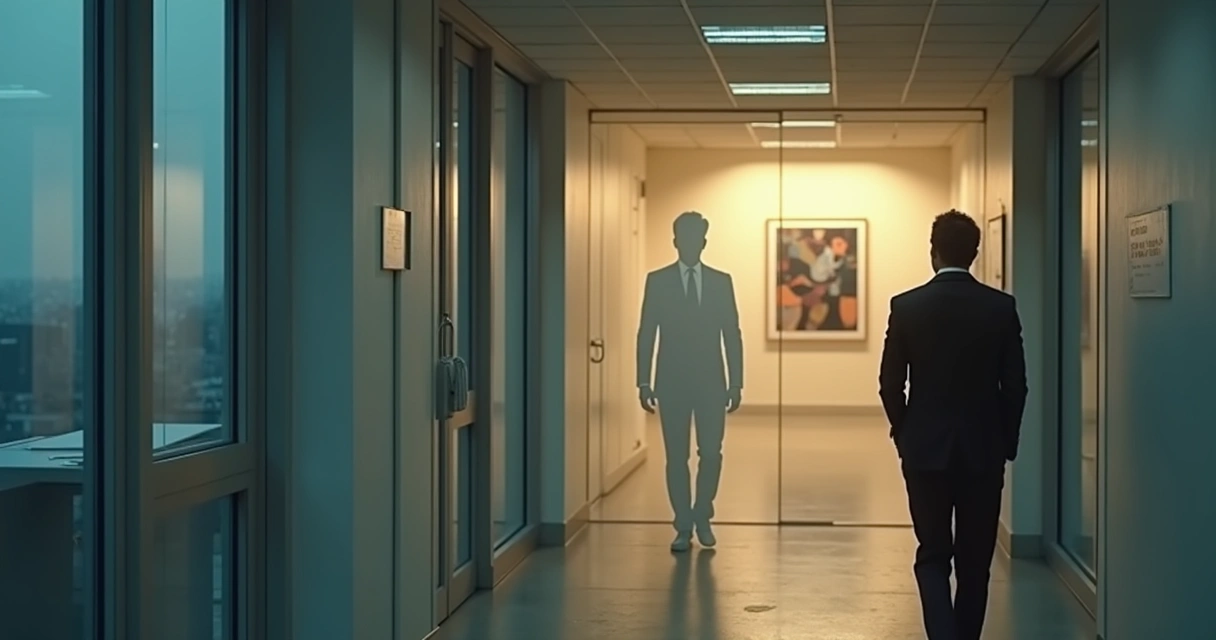 Líder solitário em corredor corporativo com sombra distorcida na parede 