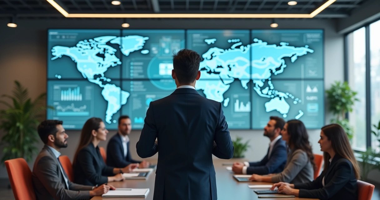 Líder executivo em ambiente de startup tecnológica, articulando estratégias de RH com telas digitais e gráficos ao redor 