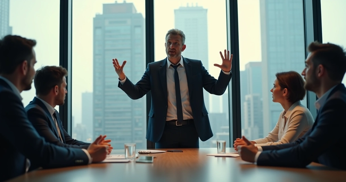 Líder levantando a voz em reunião e equipe assustada ao redor da mesa. 