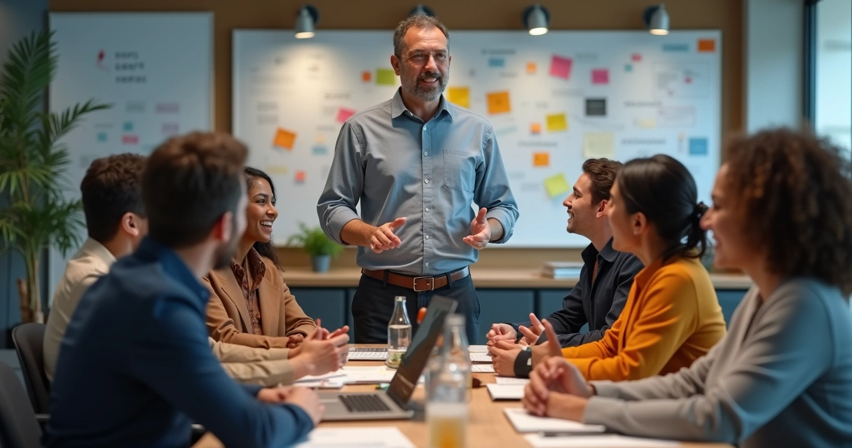 Líder influenciando positivamente equipe diversificada 