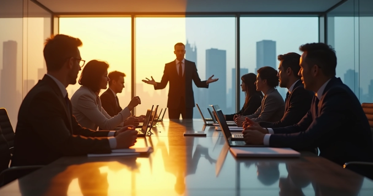 Líder diante de equipe com contraste entre luz e sombra mostrando influência e manipulação 