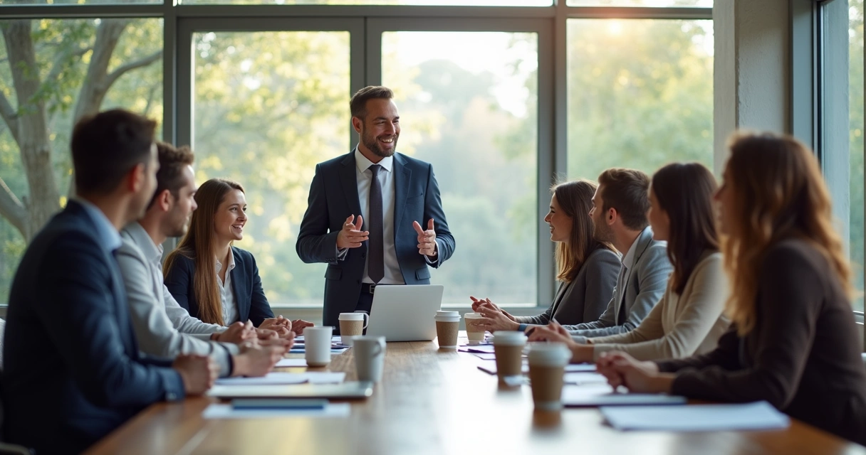 Reunião empresarial com líder sorrindo e equipe atenta em volta da mesa 