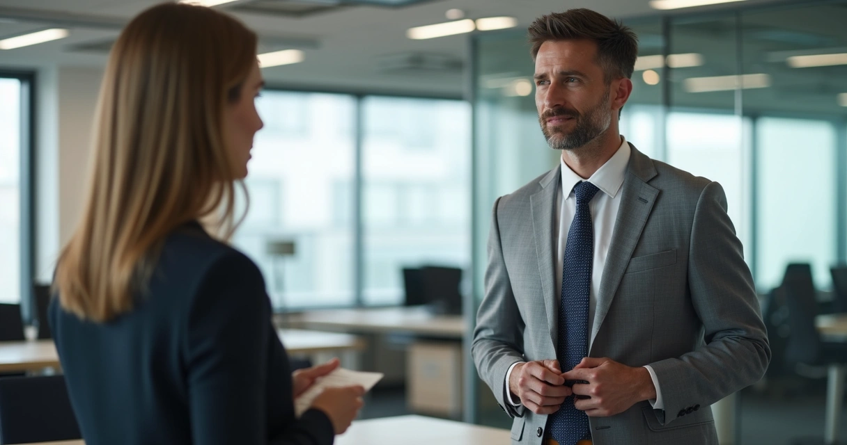 Profissional conversando de forma construtiva com colega em ambiente de trabalho 