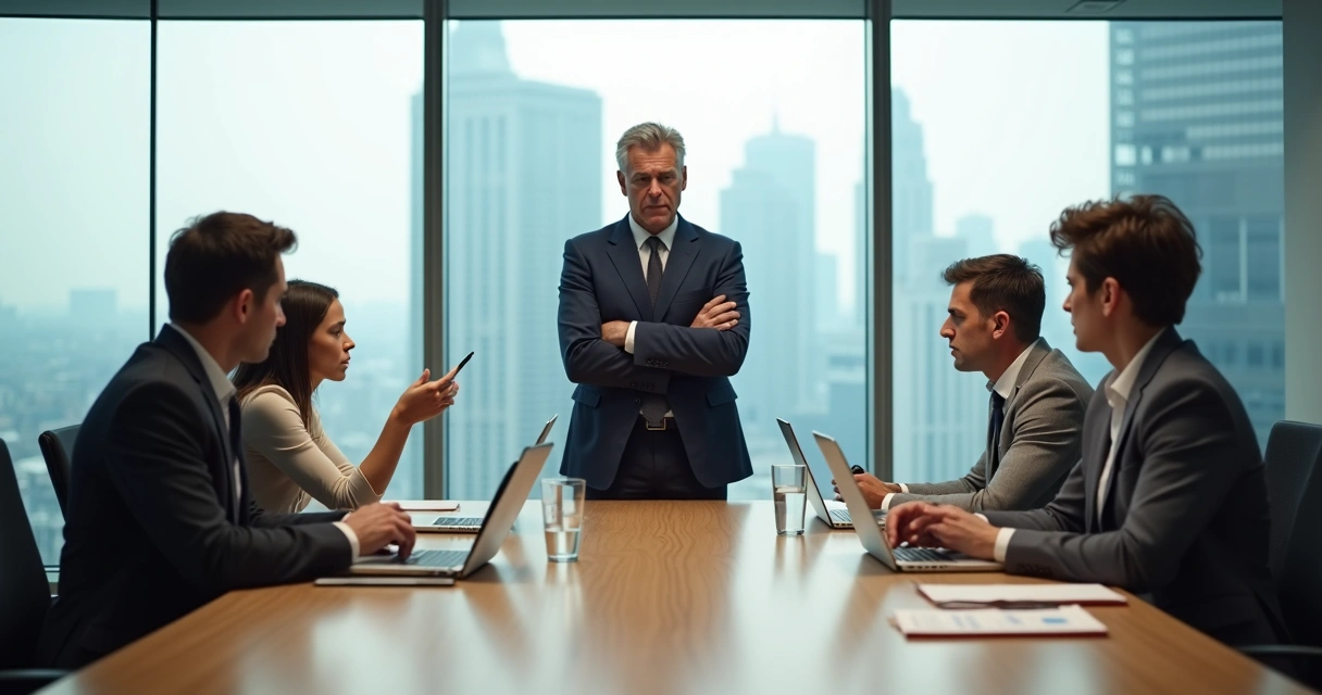 Líder en oficina rodeado de equipo incómodo por su reacción emocional 