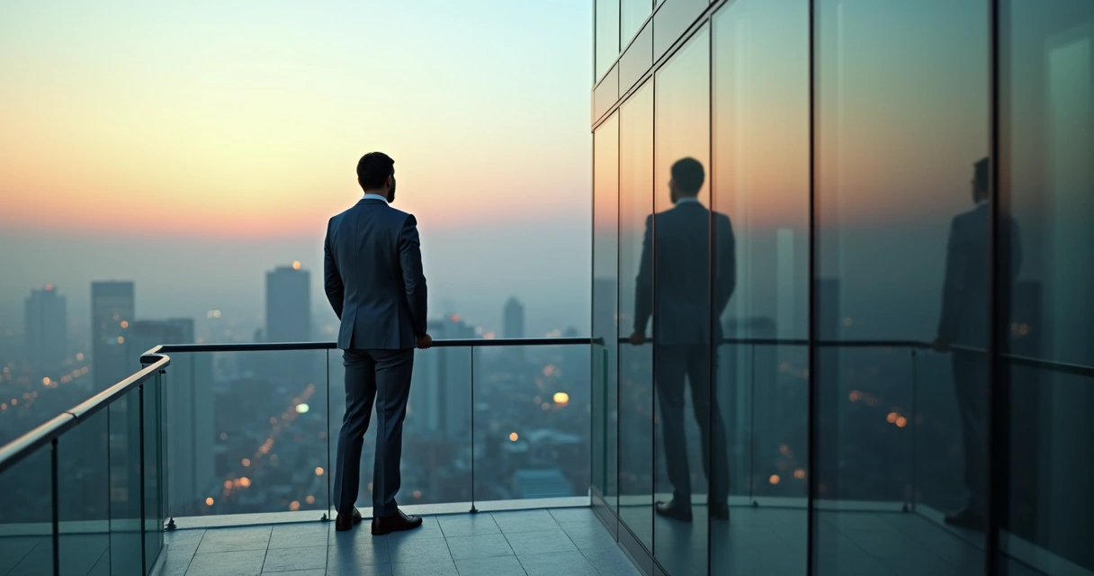 Líder observando o próprio reflexo em fachada de vidro com cidade ao fundo 