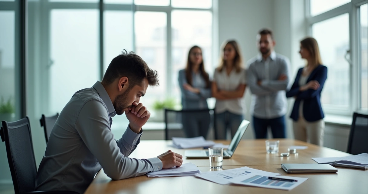 Líder sentado à mesa de reunião refletindo enquanto equipe observa ao fundo 
