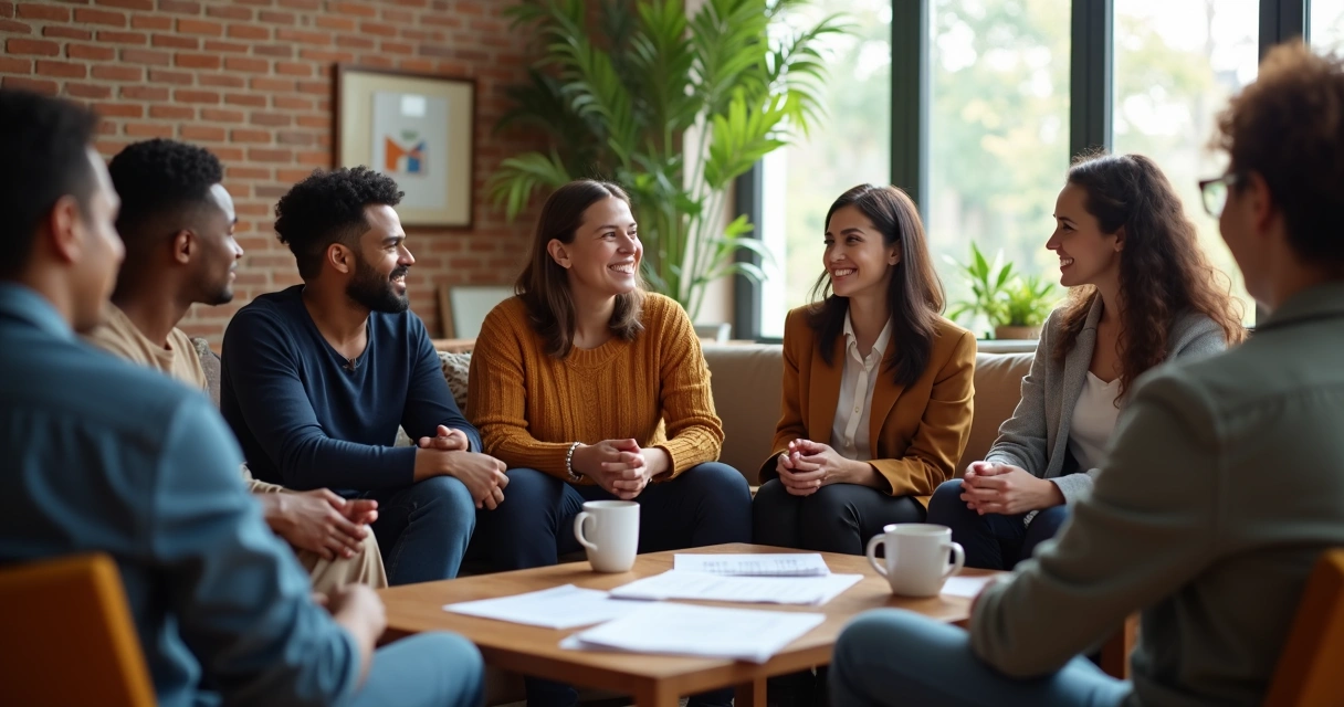 Líder sorrindo e conversando com equipe diversa em roda de reunião 