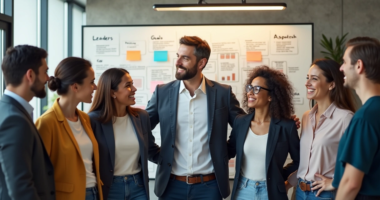 Líder inspirador com equipe unida em frente a quadro com metas. 