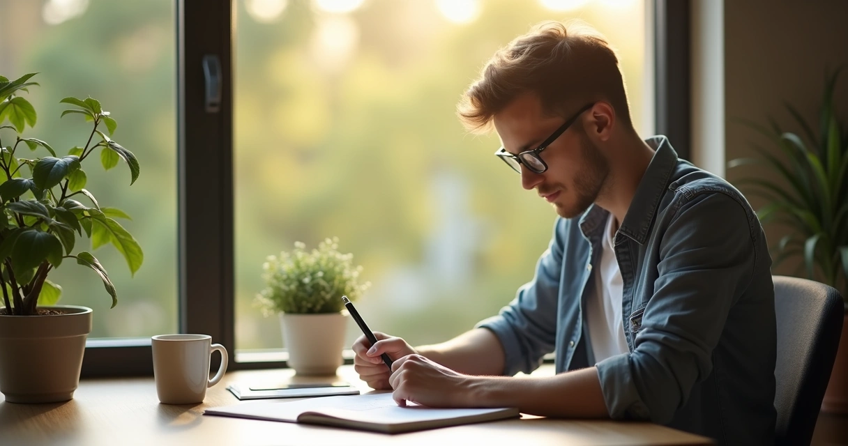Persona reflexionando frente a una ventana con cuaderno en mano y luz natural 