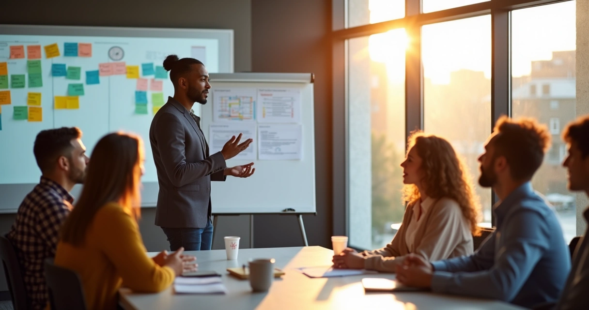 Pessoa apresentando a equipe reunida em frente a uma lousa 