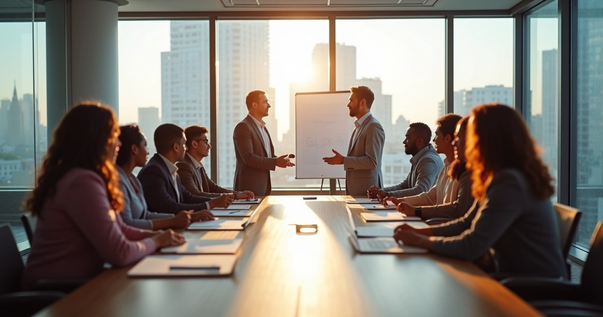 Líder inspirador em reunião com equipe atenta 