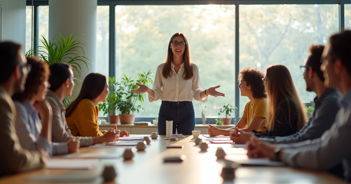 Pessoa em reunião inspirando equipe com postura segura 