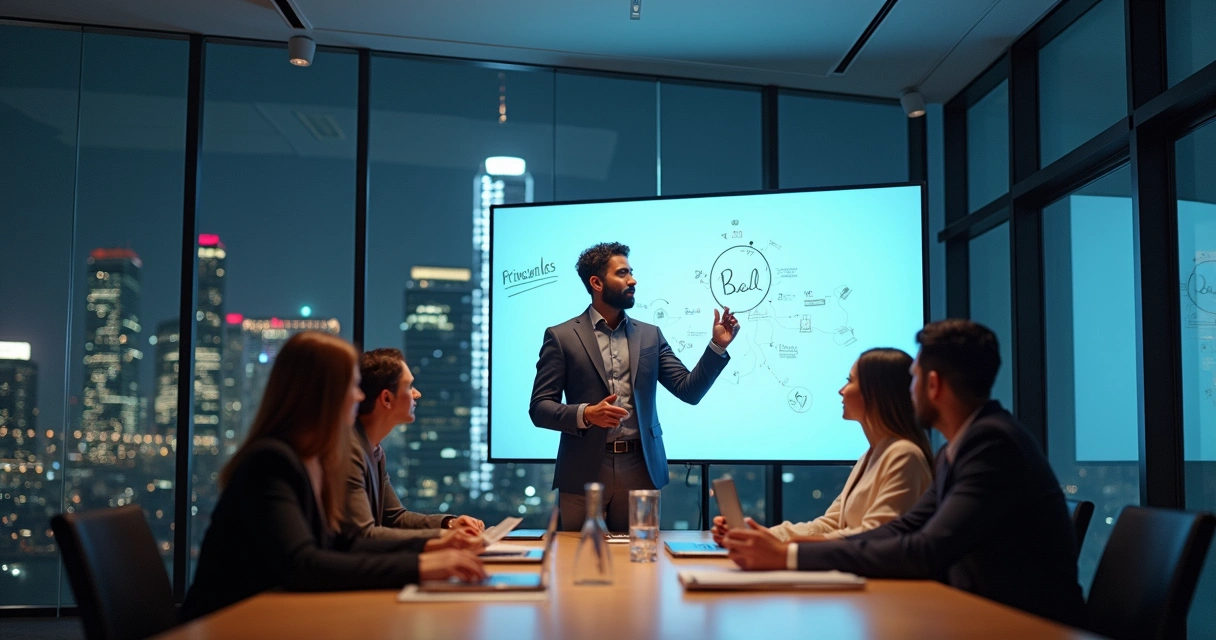 Gestor apresenta ideia inspiradora à equipe em sala de vidro 