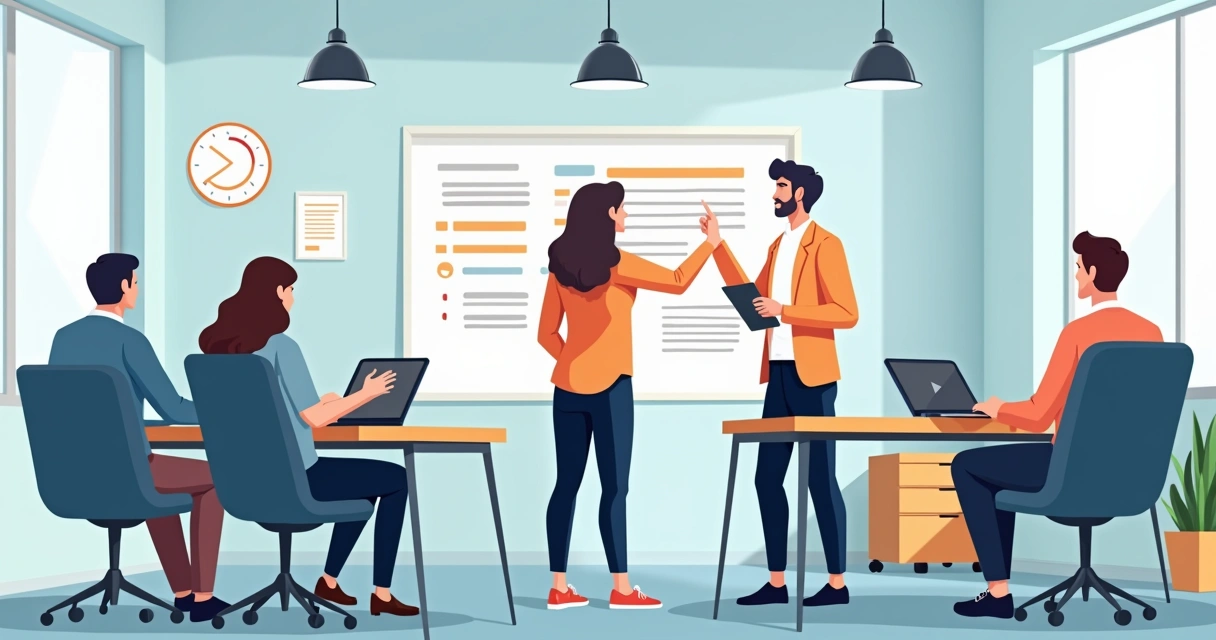 Gestor apontando para quadro com tarefas e equipe executando múltiplas atividades 