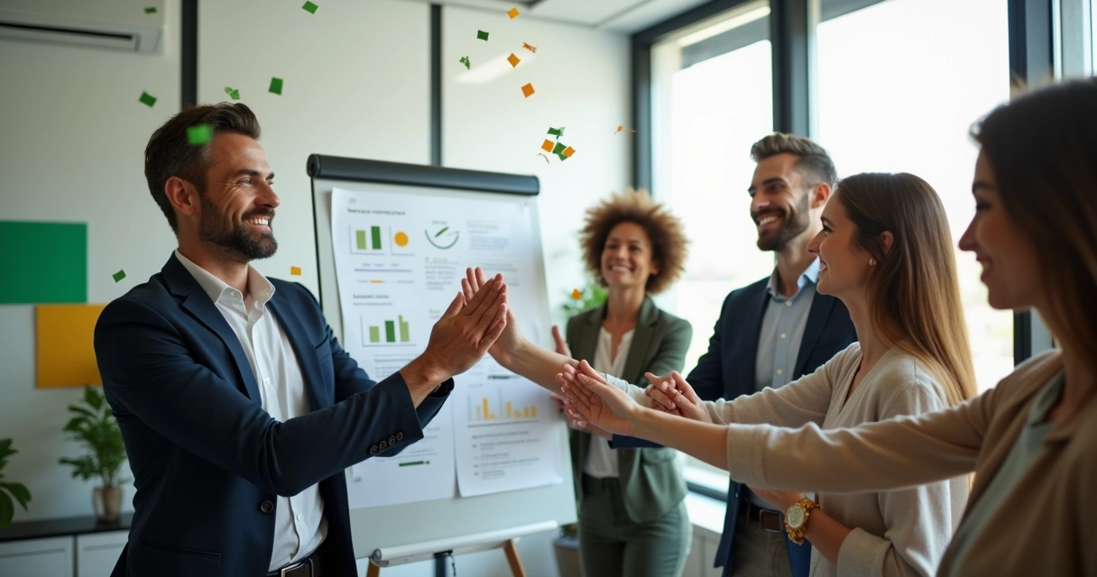 Líder junto à equipe celebrando metas alcançadas, clima positivo. 