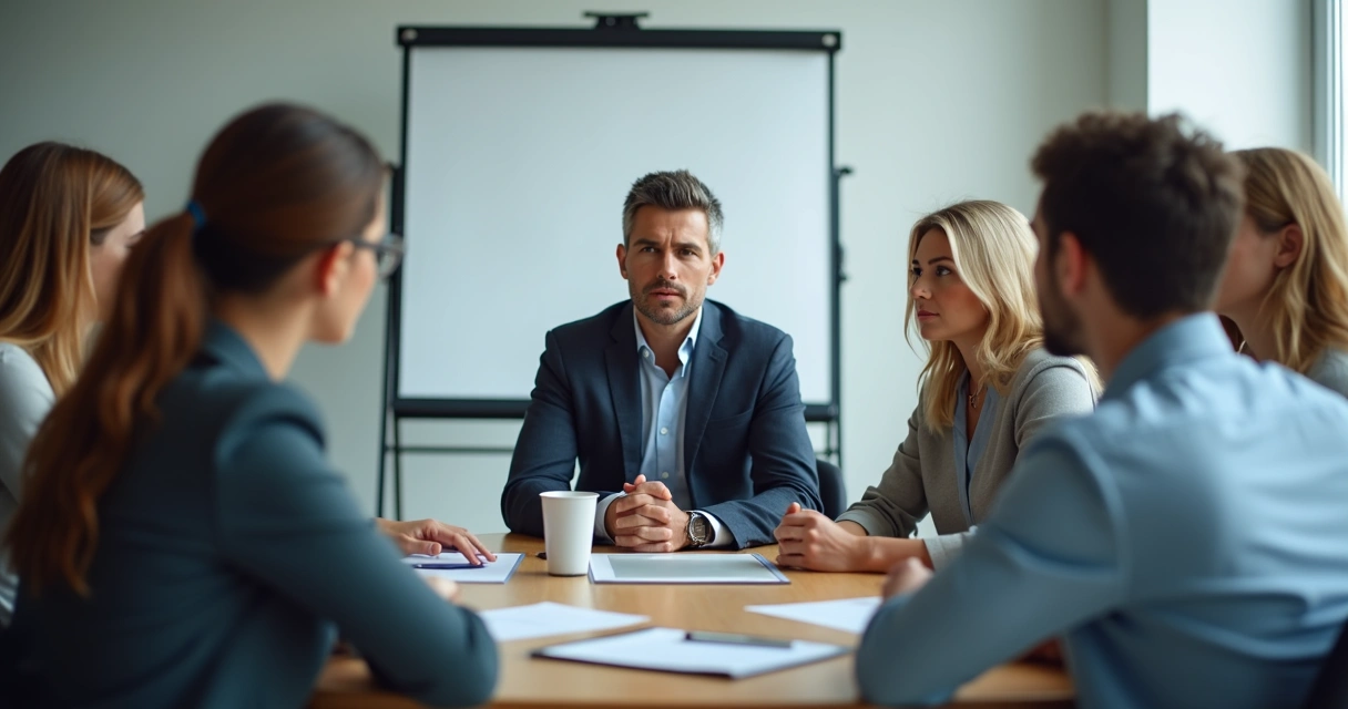 Líder escutando e integrando colaboradores em sala de reunião 