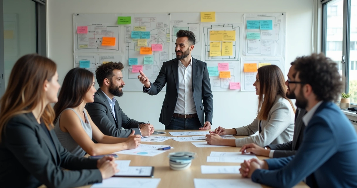 Líder facilitando discussão em equipe, com diversos quadros coloridos ao fundo 