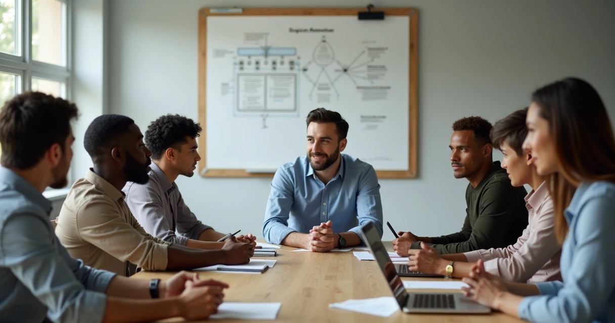 Líder sentado à mesa recebendo feedback do grupo 
