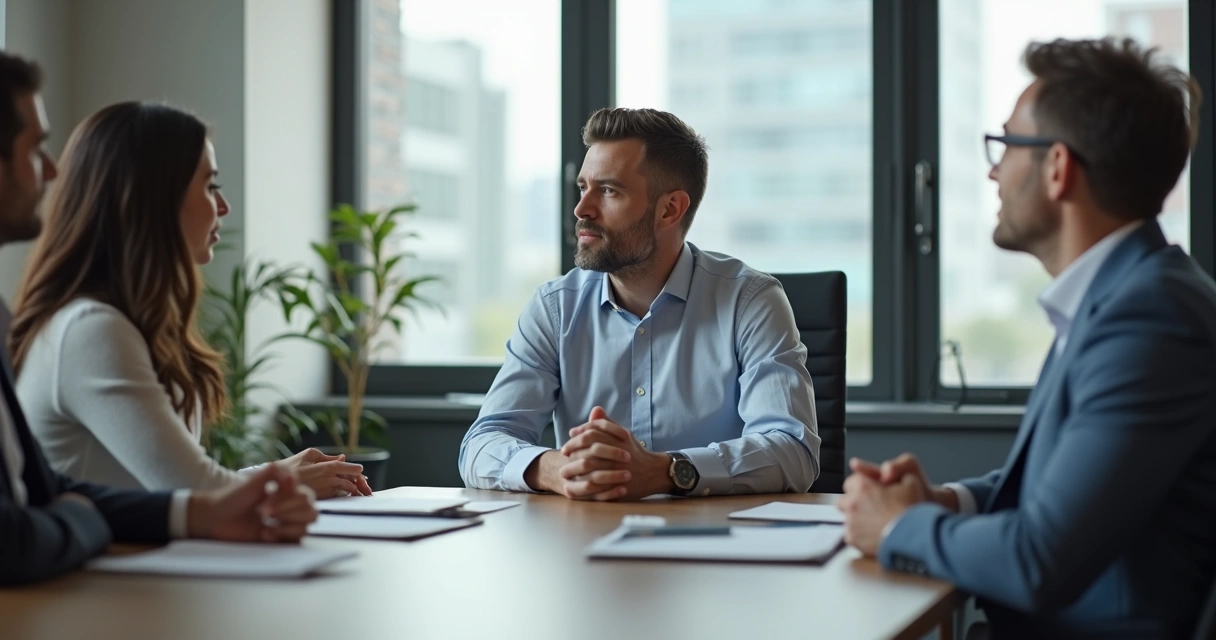 Líder sentado à mesa, atento ao próprio corpo, durante uma decisão organizacional 