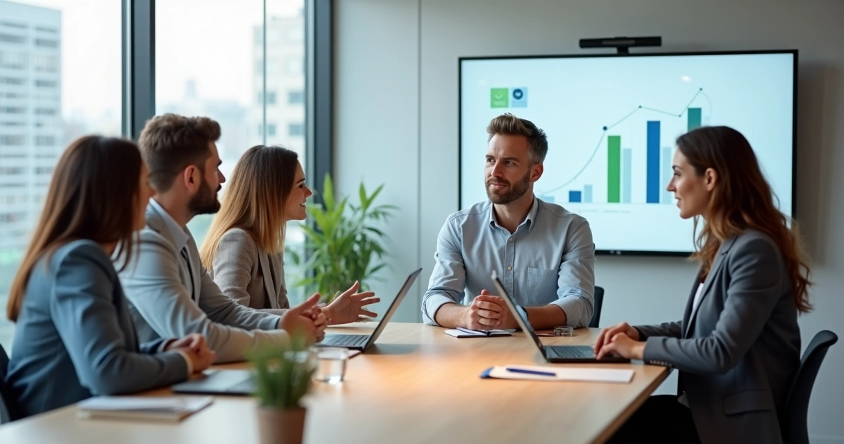 Gestor conduz reunião de avaliação de desempenho com equipe usando inteligência emocional 