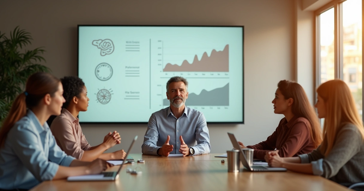 Líder em reunião com equipe diversa em ambiente moderno e acolhedor 