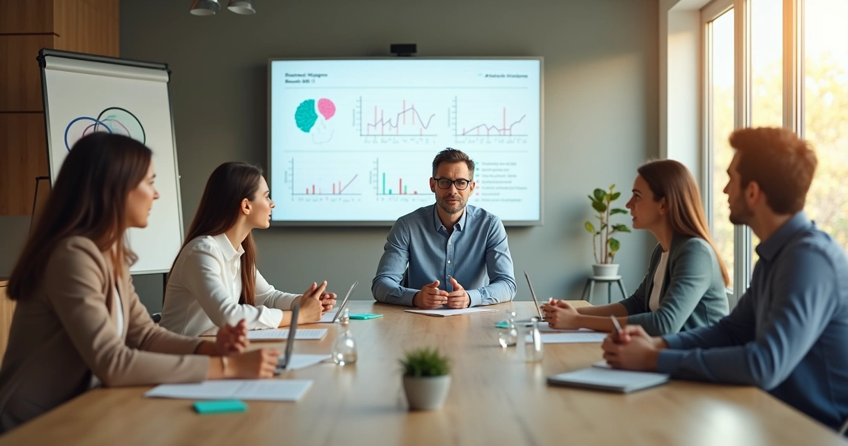Líder em reunião guiando equipe com foco em inteligência emocional 
