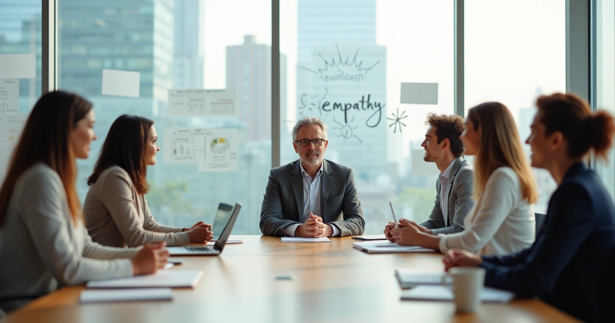 Líder em reunião guiando equipe com postura calma e atenta 