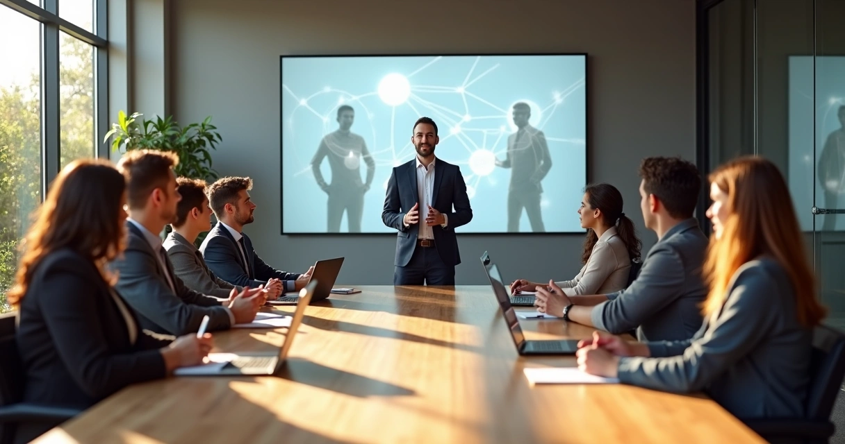 Líder em sala de reunião guiando equipe alinhada em círculo 