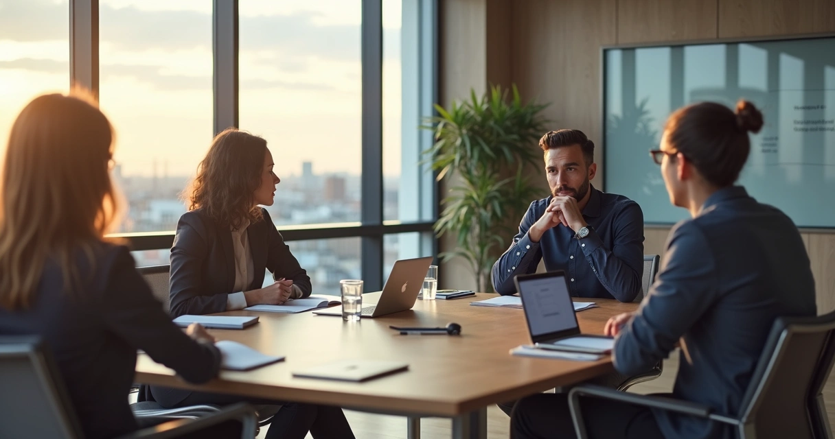 Líder refletindo antes de decidir em reunião com equipe 