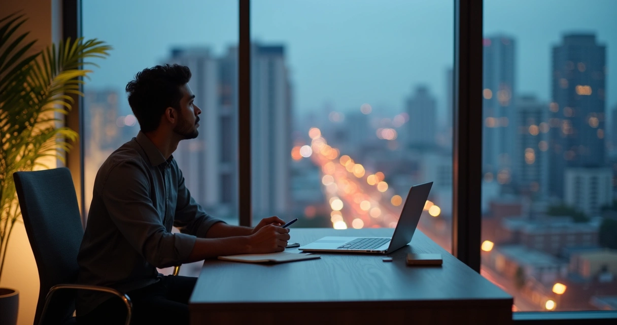 Líder introvertido refletindo em espaço de trabalho calmo com cidade ao fundo 
