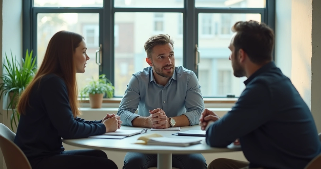 Líder introvertido em reunião pequena com equipe 