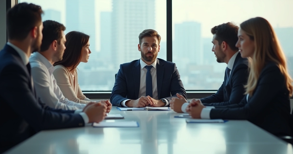 Líder sentado afastado do grupo, demonstrando isolamento em ambiente corporativo. 